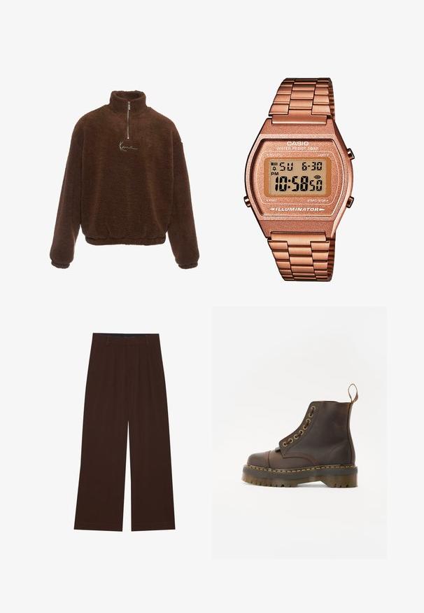Brun fleece pullover med høj krave, halv lynlås foran og lange ærmer. Har et hvidt logo på brystet. Blødt, tekstureret stof.; Sæt af fem T-shirts i sort, lys grøn, beige, lys lilla og hvid. Hver har en rund halsudskæring og korte ærmer, lavet af bomuld.; Brune bredbenede bukser med plisseringer. Lavet af et glat stof, der har en skræddersyet talje og sidelommer. Flad kant nederst.; Brun læder ankelstøvle med rund tå, kontrasterende gul syning, dekorative metaløjer og en ribbet gummisål.; Digital Casio ur med et roseguld metalarmbånd, rektangulær kasse, oplyst skærm og vandtæthed, som viser tid og dato.