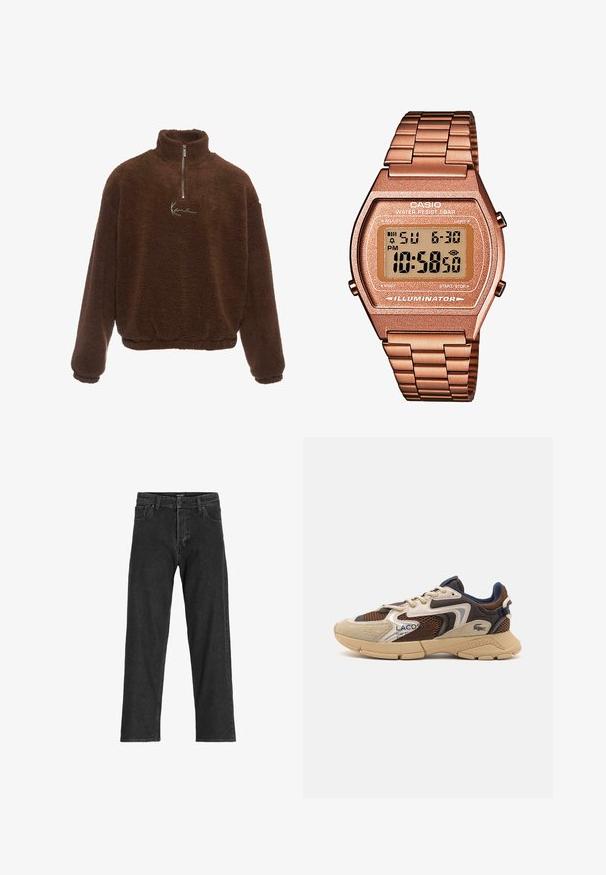 Pullover in pile marrone con colletto alto, zip frontale a metà e maniche lunghe. Presenta un logo bianco sul petto. Tessuto morbido e testurizzato.; Jeans in denim nero con un design a gamba dritta, dotati di zip, passanti per cintura e sei tasche, realizzati in un resistente tessuto misto cotone.; Sneaker beige e marrone con pannelli in mesh testurizzati, accenti in suede e suola in gomma. Presenta un design con lacci e dettagli brandizzati.; Orologio digitale Casio con cinturino in metallo rosa dorato, cassa rettangolare, display illuminato e resistenza all'acqua, che mostra l'ora e la data.