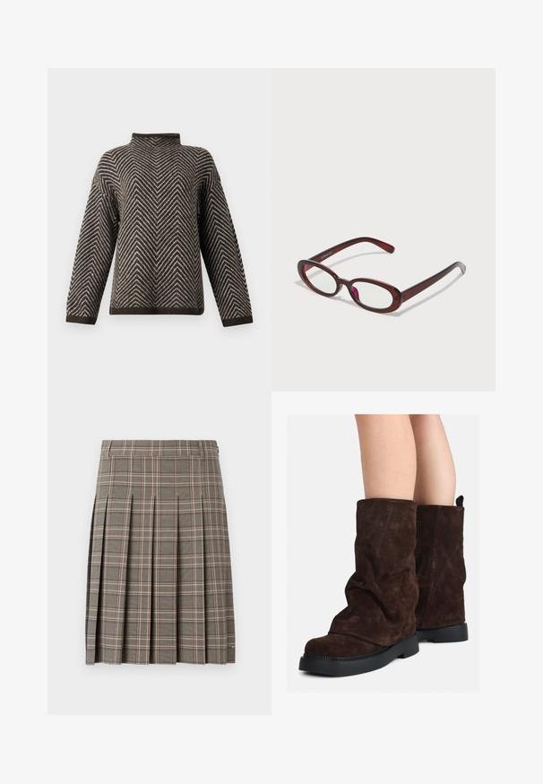 Barna és fehér cikkcakk mintás pulóver hosszú ujjal és magas, enyhén hajtott nyakkivágással, sima háttér előtt.; Szürke kockás szoknya redőkkel, sötét és világos árnyalatok elegyével és finom rózsaszín vonalakkal. Texturált anyagból készült, derékpánttal.; Barna velúr, középig érő csizmák fekete gumitalppal, mezítláb viselve, a csizma szárán enyhe gyűrődések láthatók.; Ovális alakú piros napszemüveg átlátszó lencsékkel és karcsú barna kerettel. A dizájn diszkrét íveket és minimális szerelvényeket mutat.