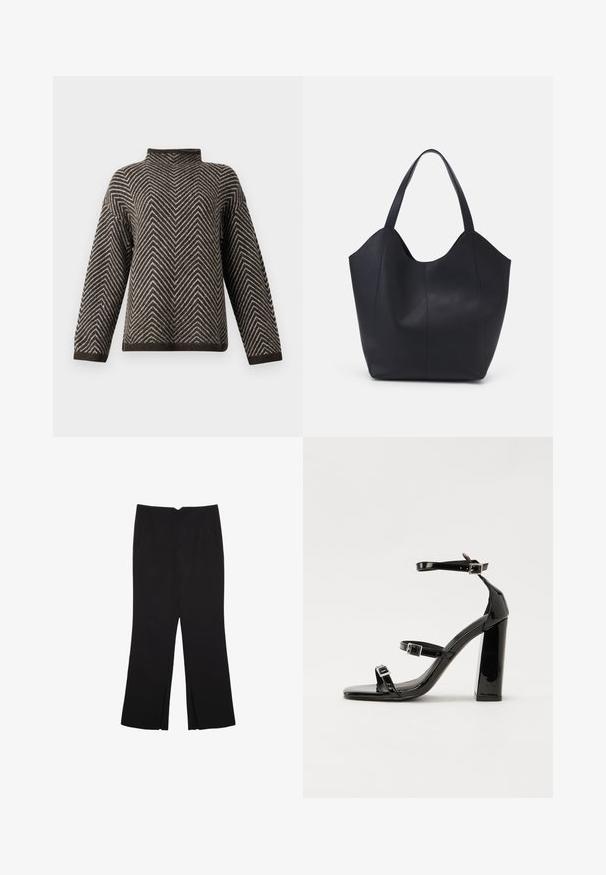 Hnědo-bílý svetr s vzorem chevron, dlouhými rukávy a vysokým, mírně ohrnutým výstřihem na jednobarevném pozadí.; Černé kalhoty s rovným střihem, s předními kapsami a bočními rozparky na lemu. Vyrobené z jemné, hladké tkaniny. Vhodné na různé příležitosti.; Černé lakované sandály na podpatku se čtveratou špičkou, lýtkovými pásky a stříbrnými přezkami. Disponují masivním blokovým podpatkem pro stabilitu.; Černá taška přes rameno vyrobená z hladké kůže, s zakřiveným, otevřeným vrchem a dvěma ramenními popruhy, s minimalistickým designem.