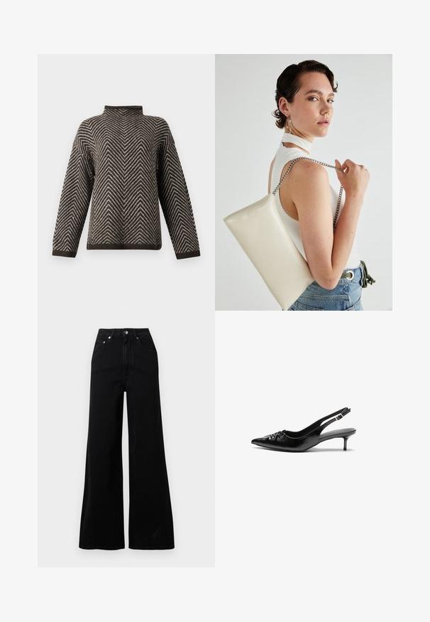 Smeđi i bijeli džemper sa zig-zag uzorkom, dugih rukava i visokim, malo preklopljenim ovratnikom, na jednobojnoj pozadini.; Crne široke traperice od trapera, s visokim strukom, pet džepova, zatvaranjem na gumbe sprijeda i minimalnim šavovima.; Crne kožne sandale na petu s ikkrenim nosom, malom kitten petom i dekorativnom mašnom sprijeda. Glatka tekstura svuda.; Bijela pravokutna torbica s kopčanjem, izrađena od sjajnog materijala, s srebrnim lančićem. Model pozira, prikazujući torbicu na jednostavnoj pozadini.