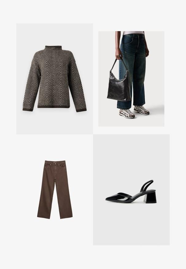 Brązowy i biały sweter w zygzakowaty wzór, z długimi rękawami i wysokim, lekko złożonym dekoltem, na jednolitym tle.; Szerokie brązowe dżinsy wykonane z denimu, z wysokim stanem, przednimi kieszeniami i klasycznym zapięciem na guzik. Gładka faktura z subtelnym przeszyciem.; Czarne lakierowane półbuty na obcasie z wydłużonym noskiem i geometrycznym słupkiem. Charakteryzują się eleganckim, minimalistycznym designem oraz gładką fakturą.; Czarna skórzana torba na ramię o gładkiej fakturze i regulowanym pasku, w zestawieniu z wyblakłymi dżinsami typu wide-leg i sportowymi butami.