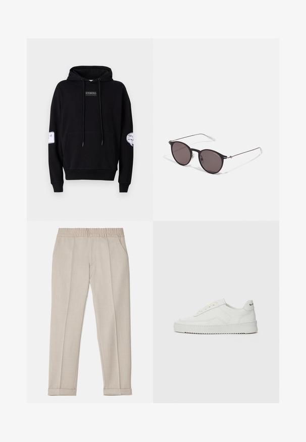 Zwarte hoodie van een katoenmix, met een frontzak, trekkoorden, ICEBERG-logo patch en grafisch detail op de mouw.; Filippa K TERRY CROPPED TROUSERS - Broek - sage melange; Witte leren sneaker met een gladde afwerking, ronde neus, platte veters en een gestructureerde zool. Kenmerkt zich door een subtiel logo op de hiel.; Zwarte ronde zonnebril met donkere lenzen en slanke metalen armen. Inclusief heldere tempelpunten en zilveren accenten bij de scharnier. Minimalistisch ontwerp.