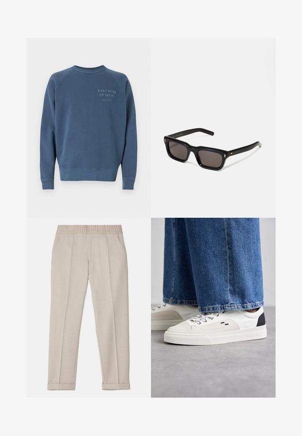 Sininen ympäri tehty collegepusero, joka on valmistettu puuvillasekoitteesta. Varustettu ribbailluilla hihansuilla ja helman reunuksella sekä brodeeratulla tekstillä rinnassa. Yksinkertainen muotoilu.; Filippa K TERRY CROPPED TROUSERS - Housut - sage melange; Valkoiset ja mustat tennarit, joissa on sileä nahkapäällinen, tekstuuriakcentit ja paksu valkoinen pohja. Varustettu klassisella nauhakiinnityksellä.; Mustat suorakulmaiset aurinkolasit tummilla linsseillä, paksu muovikehys, kultaiset korostukset temppeleissä ja brändin logo kaiverrettuna varteen.