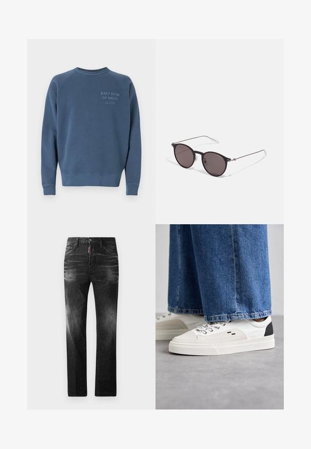 Sweatshirt albastru cu guler rotund, fabricat dintr-un amestec de bumbac. Dispune de manșete și tiv ribborșate, cu text brodat pe piept. Design simplu.; Jeans din denim negru cu o croială dreaptă. Au zone decolorate, ușoare uzuri, design clasic cu cinci buzunare și închidere cu buton.; Adidași albi și negri, cu un superior din piele netedă, accente texturate și o talpă albă groasă. Prezintă un design clasic cu șireturi.; Ochelari de soare negri rotunzi cu lentile întunecate și brațe metalice subțiri. Include vârfuri transparente pentru brate și accente argintii la balama. Design minimalist.