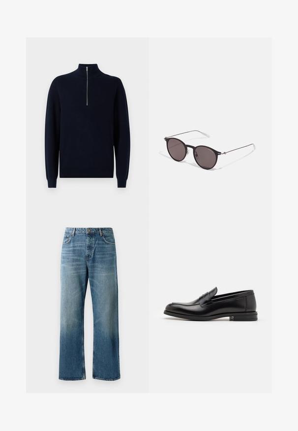 Námořnický pletený pulovr s vysokým límcem a čtvrtzipem. Hladký vzor na rukávech a trupu, s volným střihem a standardním lemem.; Svetle modré kalhoty s širokými nohavicemi a vybledlým vzhledem, vybavené zapínáním na jeden knoflík, pěti kapsami a kontrastním prošíváním.; Černé kožené polobotky s hladkou texturou, zaoblenou špičkou a zdobným páskem přes nárt. Nízký stohovaný podpatek, minimalistický design.; Černé kulaté sluneční brýle s tmavými skly a tenkými kovovými nohami. Obsahují průhledné koncovky nožiček a stříbrné akcenty na pantu. Minimalistický design.