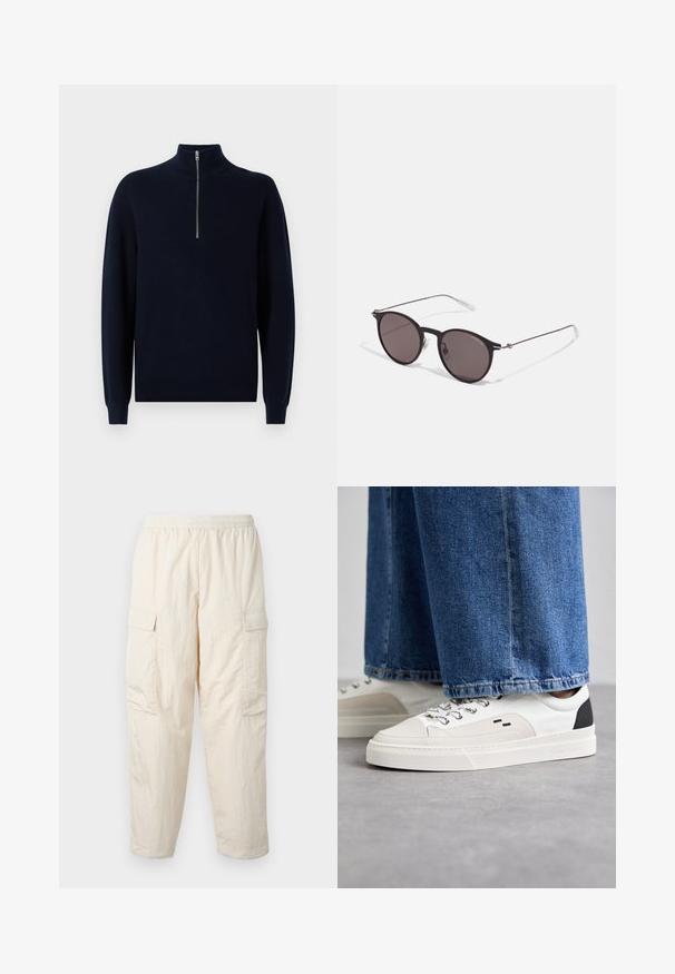 Tumesinine kootud poolkampsun kõrge krae ja veerandi pika tõmbega. Varrukatel ja kehal on ribakujuline tekstuur, esitleb lõdva istuvuse ja tavalise ääre.; Beezid cargo püksid elastse pingutusega vööriga, millel on kaks küljetaskut ja pehme, kerge kangas. Kortsuline tekstuur.; Valged ja mustad spordijalatsid sileda nahkpealise, tekstuursete aktsentidega ja paksu valge tallaga. Omab klassikalist nööbistamise disaini.; Mustad mustad prillid tumedate läätsedega ja õhukeste metallist käepidemetega. Kaarja kujuga seljaosa ja hõbedased aktsendid hingel. Minimalistlik disain.