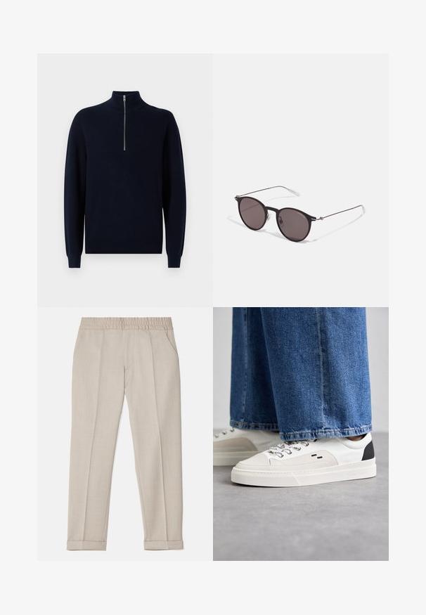 Pulover tricotat bleu marin cu guler înalt și fermoar pe un sfert. Textură pătrată pe mâneci și corp, având un croi lejer și un tiv standard.; Filippa K TERRY CROPPED TROUSERS - Pantaloni - sage melange; Adidași albi și negri, cu un superior din piele netedă, accente texturate și o talpă albă groasă. Prezintă un design clasic cu șireturi.; Ochelari de soare negri rotunzi cu lentile întunecate și brațe metalice subțiri. Include vârfuri transparente pentru brate și accente argintii la balama. Design minimalist.