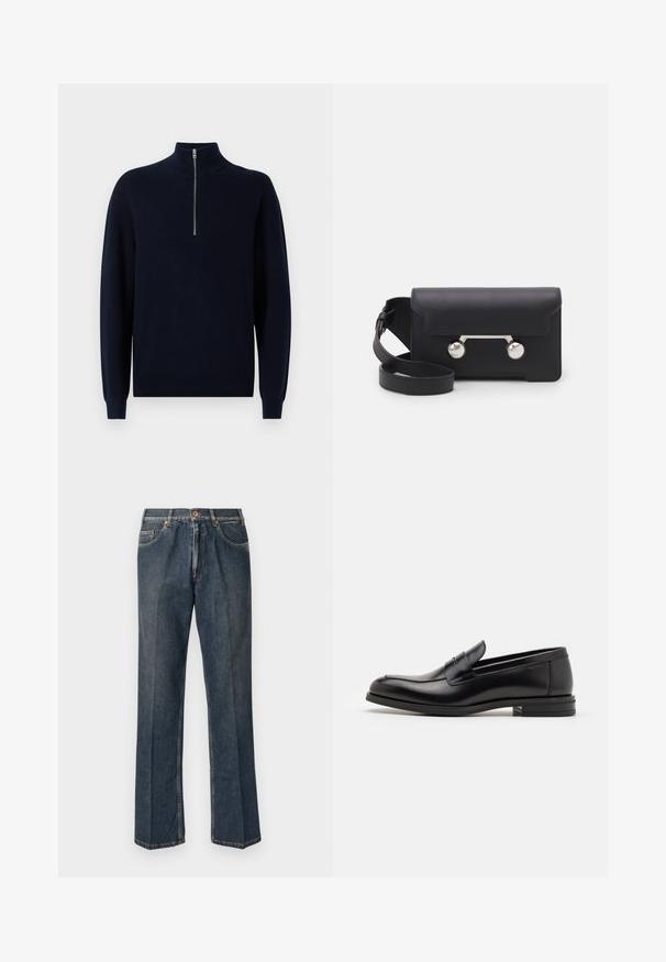 Navy knit pullover with a high collar and quarter zip. Ribbed texture on sleeves and body, featuring a relaxed fit and standard hem.; Dark blue straight-leg denim jeans with front button, zip fly, double front pockets, and visible vertical creases down the legs.; Black leather loafers with a smooth texture, rounded toe, and a decorative strap across the vamp. Low stacked heel, minimalist design.; Black leather crossbody bag with a flap closure, silver-tone hardware, and two round accents. Features a detachable strap. Smooth texture.