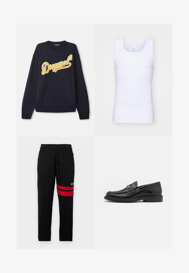 Marineblauwe trui van zachte stof, met een groot geel geborduurd "Dsquared²" logo op de voorkant, ribbelkraag, boorden en zoom.; Witte katoenen mouwloze tanktop met een ronde halslijn, met een gladde textuur en een aansluitende pasvorm, ontworpen voor casual gebruik.; Zwarte sweatpants met contrasterende rode strepen en logo aan de zijkant. Beschikt over een elastische tailleband met trekkoord en taps toelopende enkelboorden.; Zwarte leren instappers met een ronde neus, voorzien van een gouden hardware accent en stikdetails, geplaatst op een lage, getextureerde rubberen zool.