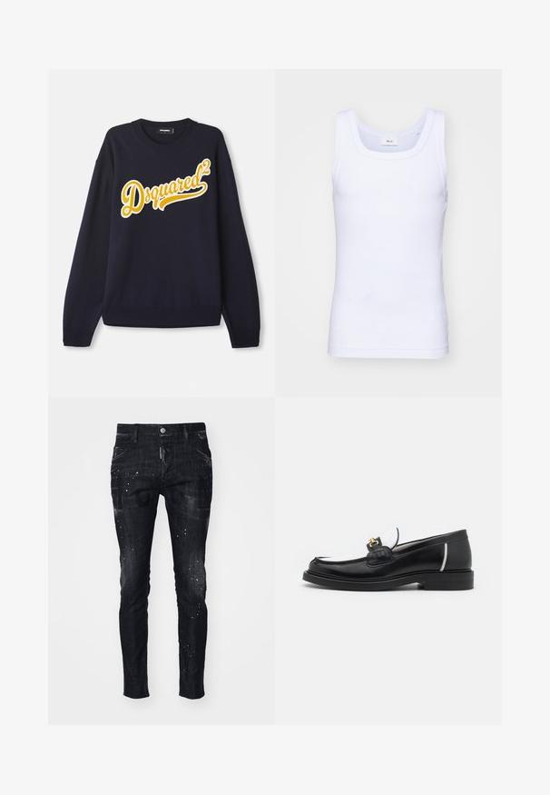 Jūras spēku svīteri, kas izgatavots no mīkstas auduma, ar lielu dzeltenu izšūtu "Dsquared²" logo priekšpusē, ar ribotām apkakli, aprocēm un apakšmalu.; Balta kokvilnas bez piedurknēm tank top krekliņš ar apaļu kakla izgriezumu, ar gludu tekstūru un pieguļošu formu, paredzēts ikdienas valkāšanai.; Melni plāna silueta džinsa bikses ar nodiluma efektu, splatter rakstu un priekšējām kabatām. Uz priekškāja redzams zīmola logotips.; Melnas ādas loferes ar noapaļotu purngalu, baltajiem akcentiem un zeltainām detaļām uz vamp. Iespējams, teksturēts pleksis un sakrauta papēža.