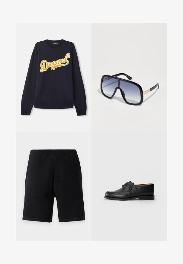 Tumesinine sviiter, mis on valmistatud pehmest kangast, mille esiküljel on suur kollane broderitud "Dsquared²" logo, ribatud kaelus, mansetid ja allserv.; Mustad mustrid sportlikud lühikesed püksid, valmistatud pehmest materjalist; omaduseks on elastne vöökoht, kaks küljetaskut ja kontrastne õmblus.; Must musta nahkking with textuurne pind, ümmargune varvas ja kahe silmaauguga kiledisain. Omab lamedat tallat ja minimaalset brändimist külgedel.; Üks suur must päikeseprillid, millel on järkjärguline lilla lääts, läikiv viimistlus ja kuldsed aksessuaarid templis. Ristkülikukujuline raam.