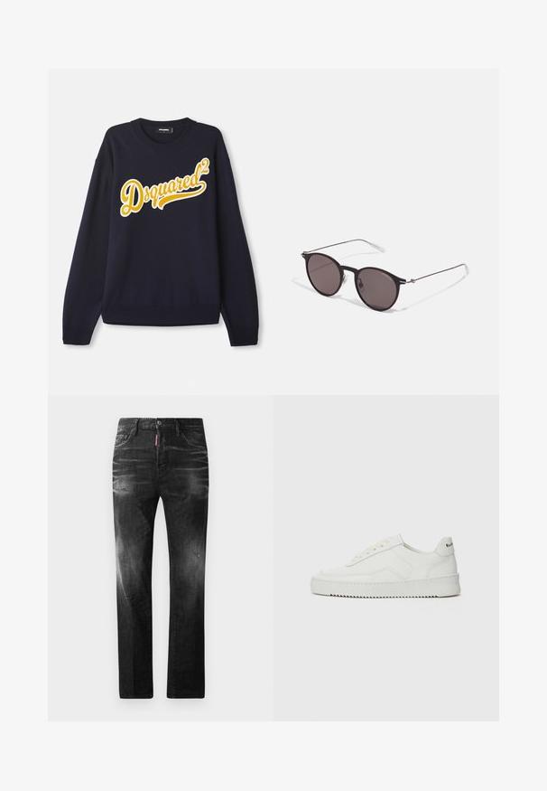 Marineblauwe trui van zachte stof, met een groot geel geborduurd "Dsquared²" logo op de voorkant, ribbelkraag, boorden en zoom.; Zwarte denim jeans met een rechte pasvorm. Beschikt over vervaagde gebieden, lichte slijtage, klassiek vijf-pocket ontwerp en een knoopsluiting.; Witte leren sneaker met een gladde afwerking, ronde neus, platte veters en een gestructureerde zool. Kenmerkt zich door een subtiel logo op de hiel.; Zwarte ronde zonnebril met donkere lenzen en slanke metalen armen. Inclusief heldere tempelpunten en zilveren accenten bij de scharnier. Minimalistisch ontwerp.