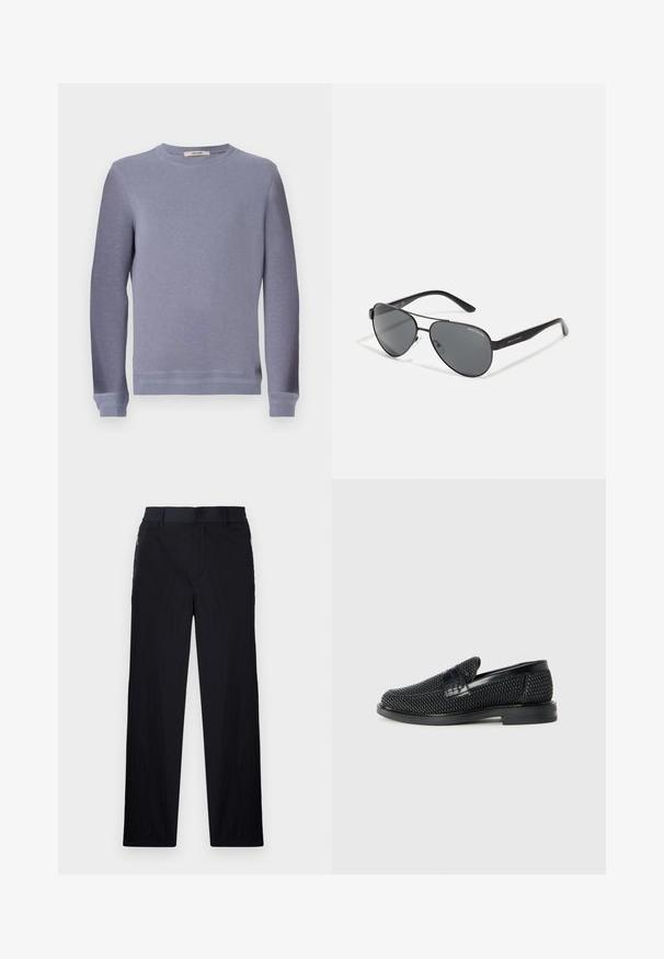 Šviesiai pilkas džemperis su apykakle, pagamintas iš minkštos medžiagos. Turi ilgomis rankovėmis ir įrišamais riešais, su paprastu, švariu dizainu.; Juodos kelnės, pagamintos iš lengvos tekstūruotos medžiagos, tiesaus silueto, su elastingu juosmeniu ir šoniniais užtrauktukų kišenėmis.; Juodas pintas slip-on tipo batelis su lygiu odiniu akcentu viršuje, apvalios nosies dizainas ir žemas guminis padas.; Juodos aviacijos akiniai su tamsiais lęšiais, plonu metaliniu rėmeliu ir lieknais plastikiniais šonais, kuriuose yra logotipo akcentai.