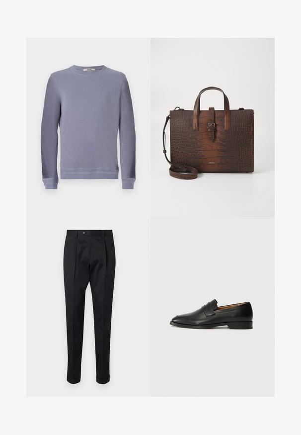 Lysegrå crew-neck sweatshirt lavet af blødt stof. Har lange ærmer og ribbede manchetter, med et enkelt og rent design.; Sorte bukser lavet af et glat stof, der har en fold foran, en knaplukning og opsmøg ved anklerne.; Sort læder loafer med rund tå, diskret syning, og lav hæl, der har en glat tekstur og minimalistisk design.; Brun krokodillede lædertaske med topstænger og en aftagelig skulderrem. Har en spænde lukkefunktion og rektangulær form.