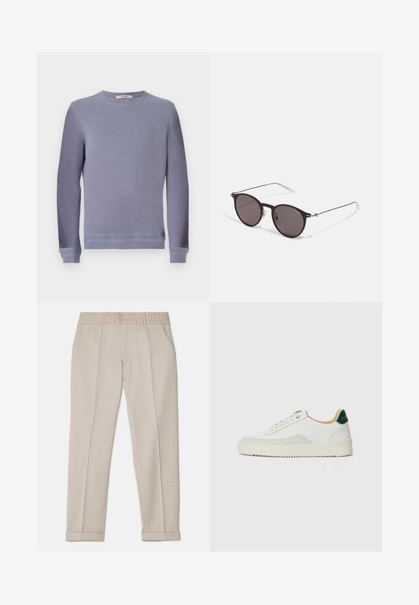Sudadera de cuello redondo en un gris claro, fabricada con un tejido suave. Presenta mangas largas y puños acanalados, con un diseño sencillo y limpio.; Filippa K TERRY CROPPED TROUSERS - Pantalones - sage melange; Zapatilla blanca con acentos de ante, puntera redondeada, cordones planos y suela de goma color crema. Presenta un logo verde en el talón.; Gafas de sol redondas negras con lentes oscuros y brazos metálicos delgados. Incluye puntas de varilla transparentes y acentos plateados en la bisagra. Diseño minimalista.