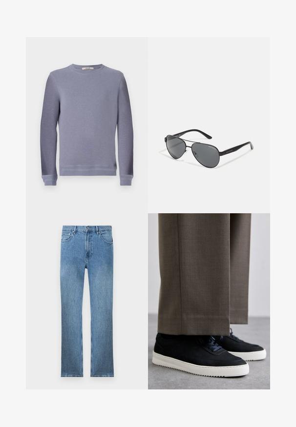 Pulover cu guler rotund de culoare gri deschis, fabricat dintr-un material moale. Are mâneci lungi și mansete ribbate, având un design simplu și curat.; Jeans din denim de culoare albastru deschis, cu croi drept, cinci buzunare, fermoar la avant, și cusături contrastante. Materialul are un finisaj neted, texturat.; Tenisi din suede negru cu talpă din cauciuc alb, având vârf rotunjit și șireturi, purtați cu pantaloni gri ajustați.; Ochelari de soare aviator negri cu lentile întunecate, cadru subțire din metal și brațe înguste din plastic, având accente cu logo.