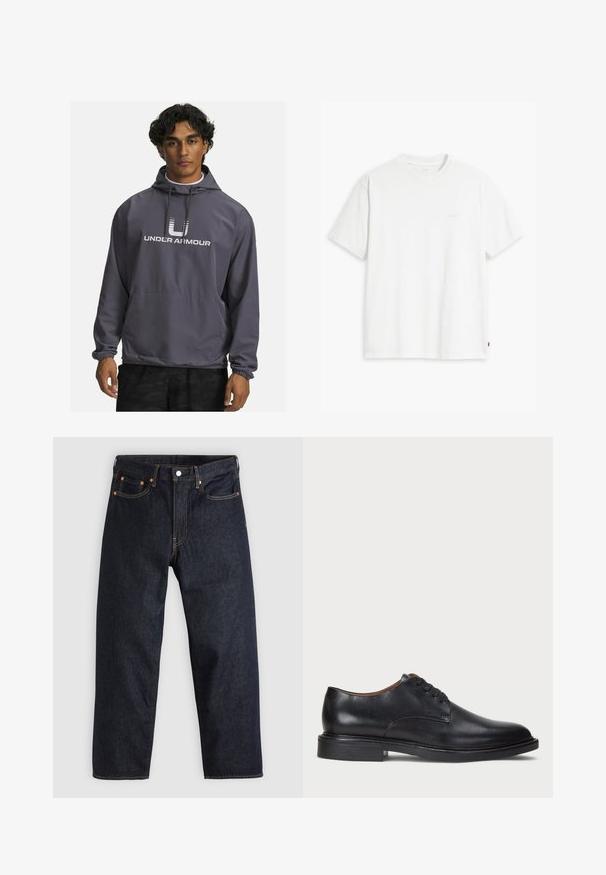 Gray Under Armour hoodie with a front pocket, adjustable hood, and elastic cuffs. Features white logo printed on the chest. Smooth texture.; White cotton t-shirt with short sleeves, crew neck, and subtle Levi's logo printed in the center. Soft texture and standard fit.; Dark blue denim jeans with a straight cut, five pockets, contrasting orange stitching, and a button fly. No visible patterns or embellishments.; Black leather dress shoe with a round toe, lace-up design, and a low stacked heel. Smooth texture with minimal stitching details.