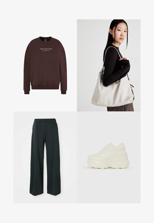 Hnědá mikina s kulatým výstřihem, dlouhými rukávy a žebrovanými manžetami. Na přední straně je logo s textem "Aim'n Sportswear Sweden New Zealand 2013."; Černé sportovní kalhoty s širokým střihem a elastickým pasem. Vyrobené z hladkého, pružného materiálu, s jemnými předními švy a bez kapes.; Bílé platformové tenisky s hladkým svrškem podobným kůži, zaobleným tvarem, polstrovaným límcem a texturovanou gumovou podrážkou s vyznačenými vzory.; Beige kabelka vyrobená z měkkého materiálu, s volným designem, prošívanými detaily a dvěma ramenními popruhy. Vhodná pro každodenní použití.