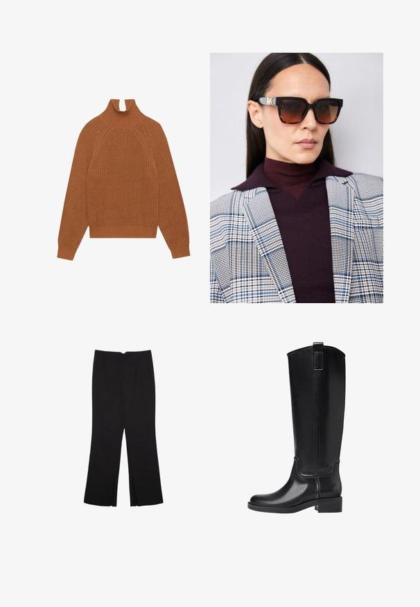 Smešani smeđi pleteni pulover s visokim izrezom, rebrastim rubom i manžetama. Ima teksturirani uzorak i raglan rukave za opušteni kroj.; Crne hlače ravnog kroja, s prednjim džepovima i bočnim prorezima na rubu. Izrađene od mekog i glatkog materijala. Pogodne za razne prigode.; Crne čizme do koljena napravljene od glatkog sintetičkog materijala. Imaju zaobljen vrh, nisku blok petu i vertikalne šavove.; Crne i kornjačevine naočale s geometrijskim dizajnom, s degradiranim smeškim lećama i zlatnim MK logotipom sa strane.; Crna kožna torba s dugim ručkama, glatkom teksturom i strukturiranim oblikom. Ima prednju džep za dodatno pohranu.