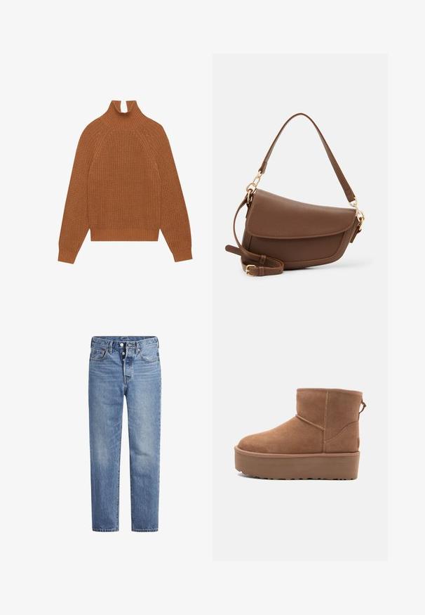 Bruine gebreide trui met een hoge opstaande kraag, geribbelde zoom en manchetten. Beschikt over een textuurpatroon en raglanmouwen voor een relaxed fit.; Lichtblauwe spijkerbroek met een rechte snit, vijf zakken en een knoopsluiting. Heeft subtiele vervaging en oranje stikselaccenten.; Tan suède enkellaars met een platformzool, ronde neus en stiksels; heeft een trekband aan de achterkant voor gemakkelijke instap.; Bruine leren schoudertas met een gestructureerde afwerking, gebogen vorm, hardware in goudkleur, verstelbare schouderband en klepafsluiting.