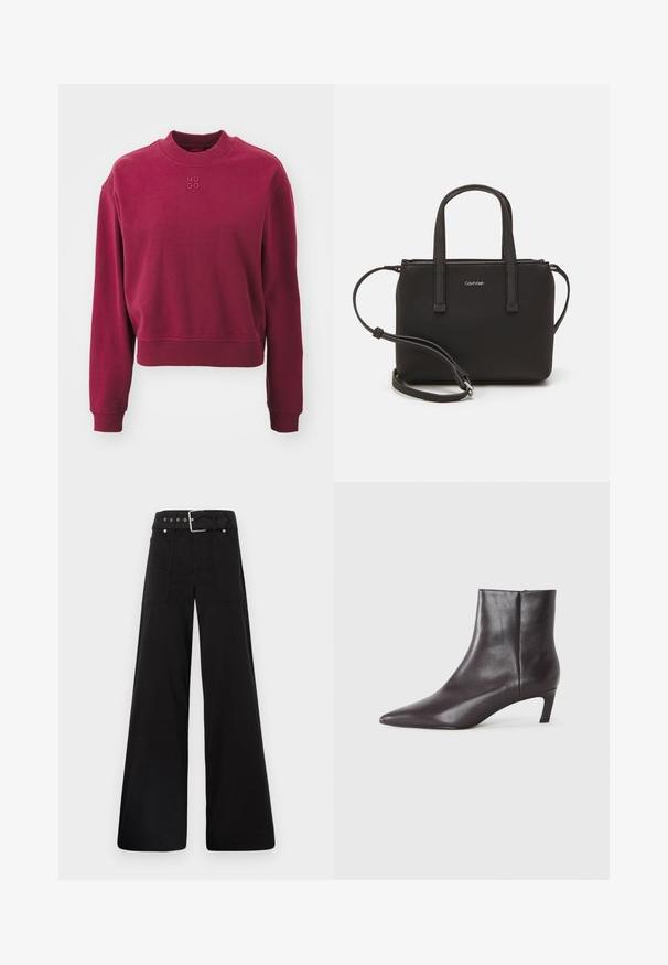 HUGO DAXANDRIA - Mikina - medium red; Černé široké kalhoty vyrobené z bavlny, s vysokým pasem, velkými bočními kapsami a opaskem s kovovými akcenty v barvě stříbra.; Černá kožená kotníková bota s špičatou špičkou a nízkým podpätkem, hladký povrch, boční zip, zobrazená na neutrálním pozadí.; Černá kabelka s dvojitými krátkými uchy a odnímatelným ramenním popruhem. Hladký koženkový materiál s uzávěrem na zip a detailem loga.