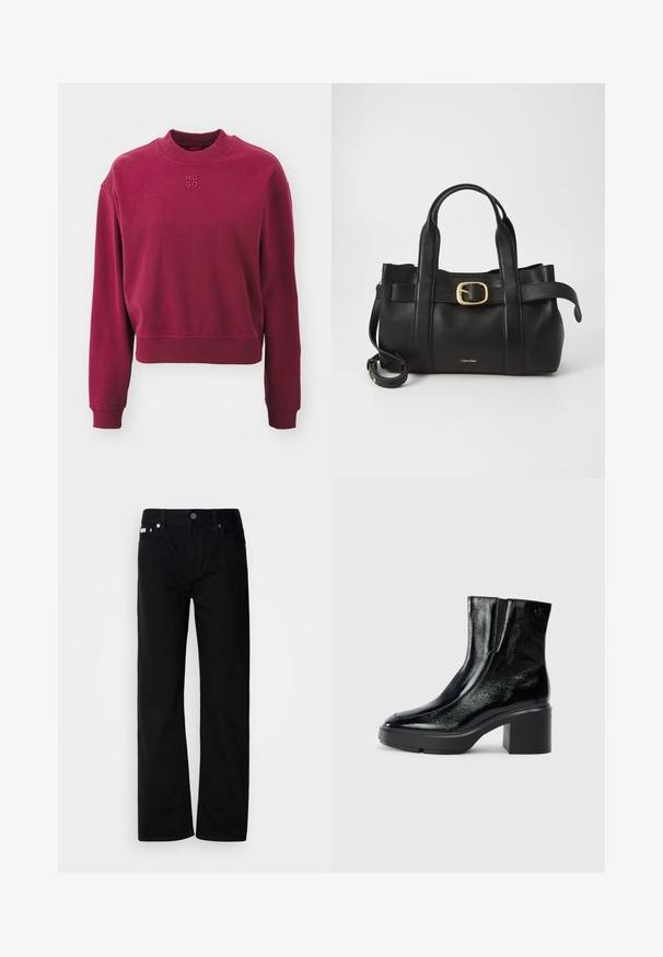 HUGO DAXANDRIA - Sweater - medium red; Zwarte denim rechte broek met vijf zakken, zilveren klinknagels en een knoopsluiting. De stof heeft een gladde, licht gestructureerde afwerking.; Zwarte gepatenteerde leren enkellaarsjes met een gebogen neus, elastische zijpanelen en een chunky blokhak. Voorzien van een reliëflogo aan de achterkant.; Zwarte leren handtas met een gestructureerd ontwerp, dubbele handgrepen aan de bovenkant, een gouden gespaccent en een geperst merklogo aan de voorkant.