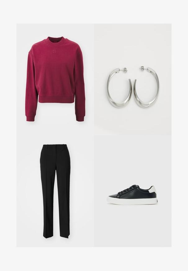 HUGO DAXANDRIA - Bluză de molton - medium red; Pantaloni negri tailor-ed cu un design drept, având o textură fină și cute clare pe față. Fără elemente de prindere vizibile.; Adidași negri cu talpă și tab intercalat albe, șireturi negre și un logo subtil Calvin Klein pe lateral, expuși pe un fundal simplu.; Cercei din argint, cu un design neted și curbat. Prezintă o finisare metalică strălucitoare și închidere cu stud. Fără modele sau accente vizibile.