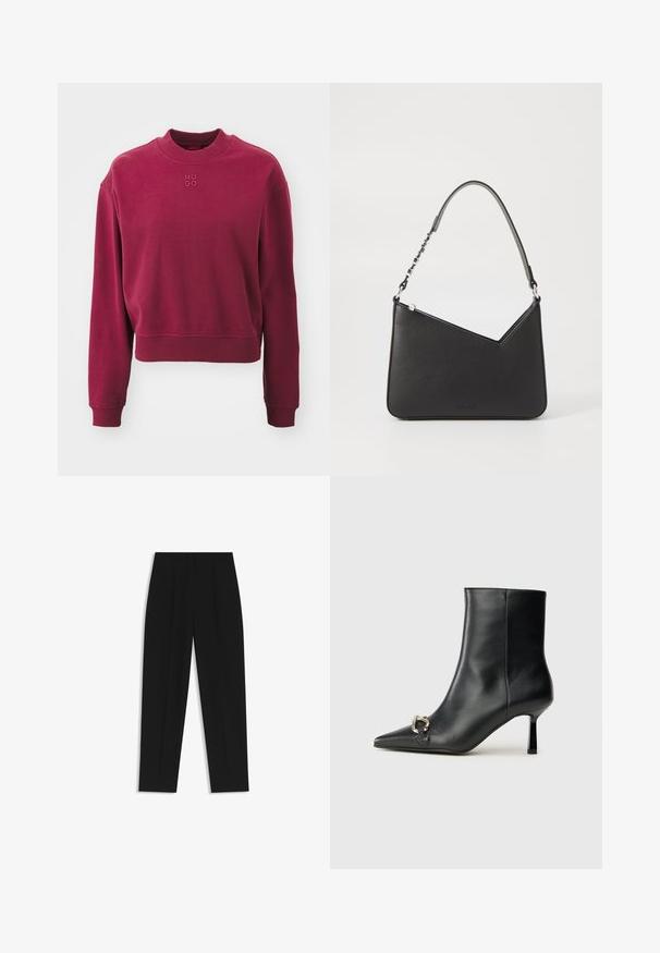 HUGO DAXANDRIA - Sweatshirt - medium red; Black trousers with a straight fit, featuring double pleats, a smooth texture, and a classic waistband design. No visible hardware or accents.; Black leather ankle boot with pointed toe, slim mid-height heel, and silver buckle detail on side against plain background.; Black leather handbag with a triangular shape, a slim strap, and silver hardware. Features a zip closure and embossed logo on the front.