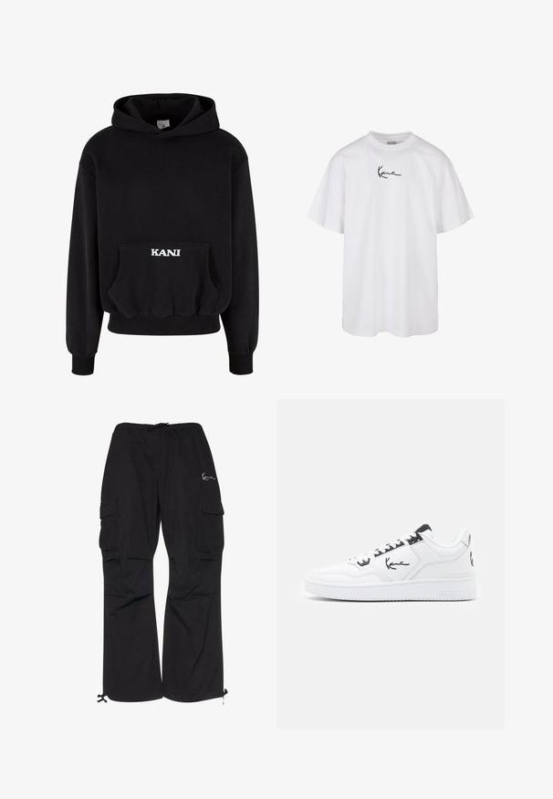 Mustvalge kapuutsiga dressipluus, mis on valmistatud puuvillasegusest kangast ja millel on esiküljel tasku ning valge kiri "KANI" taskul. Ribalt kantud alläär ja varrukad.; Valge puuvillane T-särk, millel on ümar kaelus ja lühikesed varrukad, ning keskel rinna kohal must tikitud logo.; Mustad mustad pagasid kergedest kangast, elastse vöökoha ja paeltega, külgtaskud ja reguleeritavad pärani.; Valge nahkne tennis, millel on mustad aksessuaarsed detailid, koos külje peal asuva allkirjaga logoga, ümmarguse varbaga ja tekstuuriga kummitald.