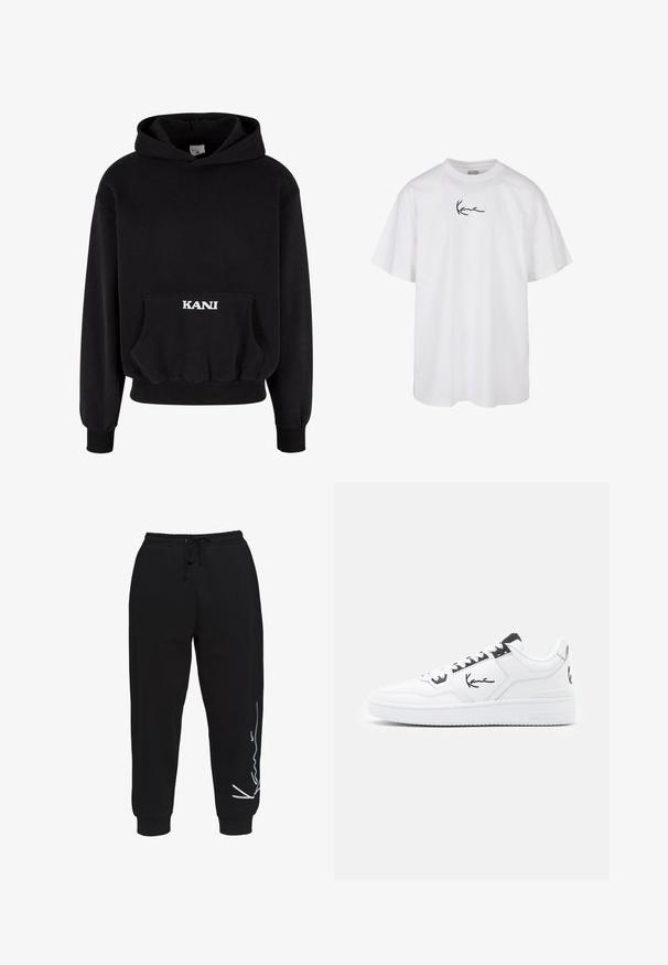 Zwarte hoodie van een katoenmix, met een frontzak en witte letters "KANI" op de zak. Ribgebreide zoom en manchetten.; Witte katoenen t-shirt met een ronde halslijn en korte mouwen, voorzien van een zwart geborduurd logo in het midden van de borst.; Zwarte sweatpants van katoen, met een elastische tailleband en trekkoord, taps toelopende pijpen en een wit logo op de linkerkant.; Witte leren sneaker met zwarte accenten, voorzien van een handtekeninglogo aan de zijkant, ronde neus en een textuur rubberen zool.