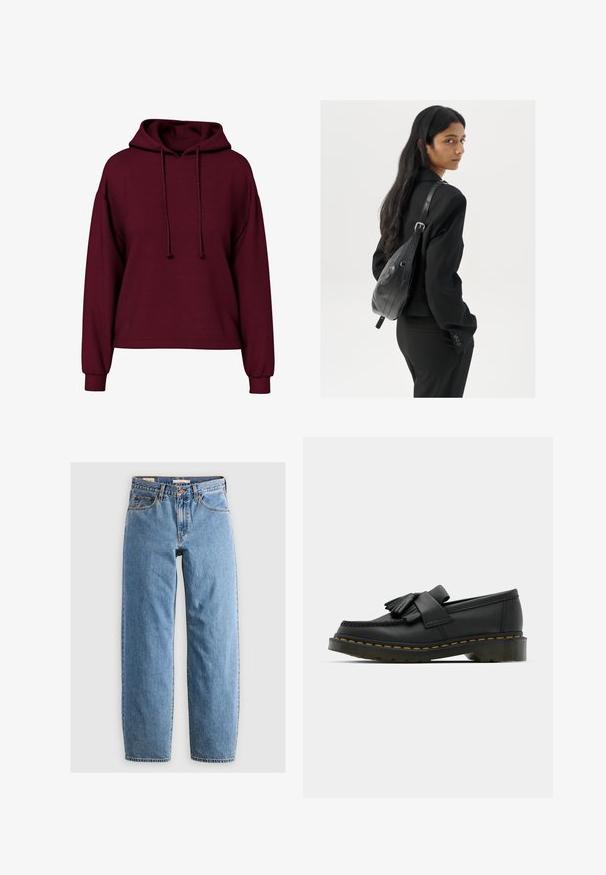 Burgundy long-sleeve hoodie with front drawstrings, ribbed cuffs, and a loose fit.; Light blue denim jeans with a straight leg design, five pockets, a zipper fly, and a subtle faded texture. Classic styling with minimal hardware.; Black leather loafers with a rounded toe, featuring a fringed detail and a decorative band across the front, set on a chunky heel.; Woman with long dark hair wearing a black suit, carrying a black leather shoulder bag, looking over her shoulder against a white background.