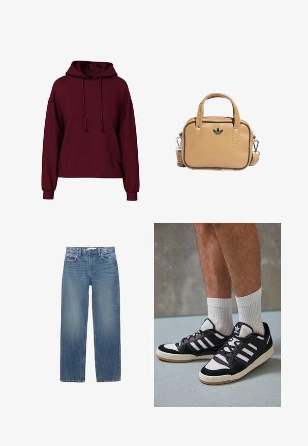 Burgundy långärmad hoodie med framdragband, ribbad mudd och en lös passform.; Ljusblå denimjeans med rak skärning, fem fickor och kopparfärgad hårdvara. Tyget har en lätt blekning och en slät textur.; Svartvita sneakers med ovandel i mocka och läder, med tre vita ränder, perforerad tå och sula av gummigummi.; Tan veganläderväska med två handtag, avtagbar axelrem, svarta accentstygn och en liten svart logga på framsidan.