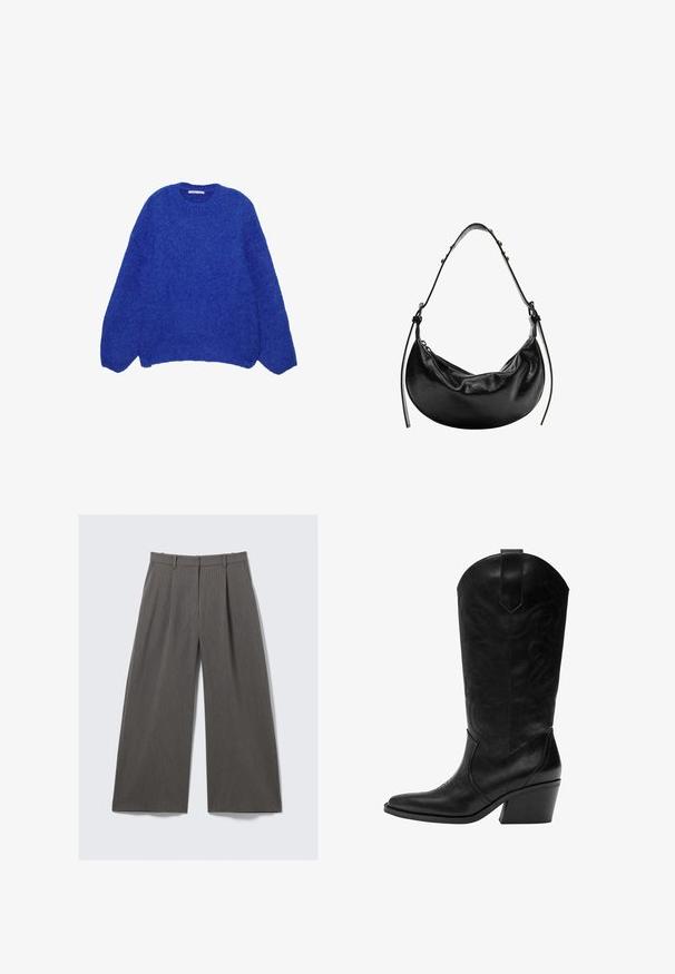 Kék kötött pulóver, kerek nyakkal, esett vállakkal, textúrált gyapjú anyagból, és laza, hosszú ujjú fazonnal.; Szürke, csíkos, bő szárú nadrág övhurkokkal és pliszírozással, sík felületen, fehér háttér előtt.; Fekete bőr cowboy csizma hegyes orral, díszvarrással, közepes magasságú, dőlt tömbsarkúval, és húzófüllel a szárán.; Fekete bőr kézitáska félhold alakban, sima textúrával és állítható pánttal, diszkrét fém részletekkel. A cipzáras zárás jól látható.