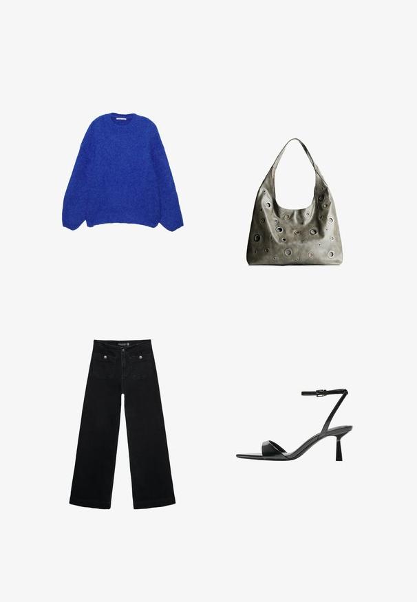Modra pletena jopica, okrogla ovratnica, spuščena ramena, teksturiran volnen material in sproščen kroj z dolgimi rokavi.; Črne široke kavbojke z visokim pasom, ki imajo dva sprednja žepa in kovinske gumbi. Tkanina ima gladko teksturo.; Bershka Sandali z visoko peto - black; Olivnozeleni usnjeni ročni torbici z ohlapno obliko, ki ima različne velikosti okroglih izrezov in poudarke v temnejših in svetlejših odtenkih.
