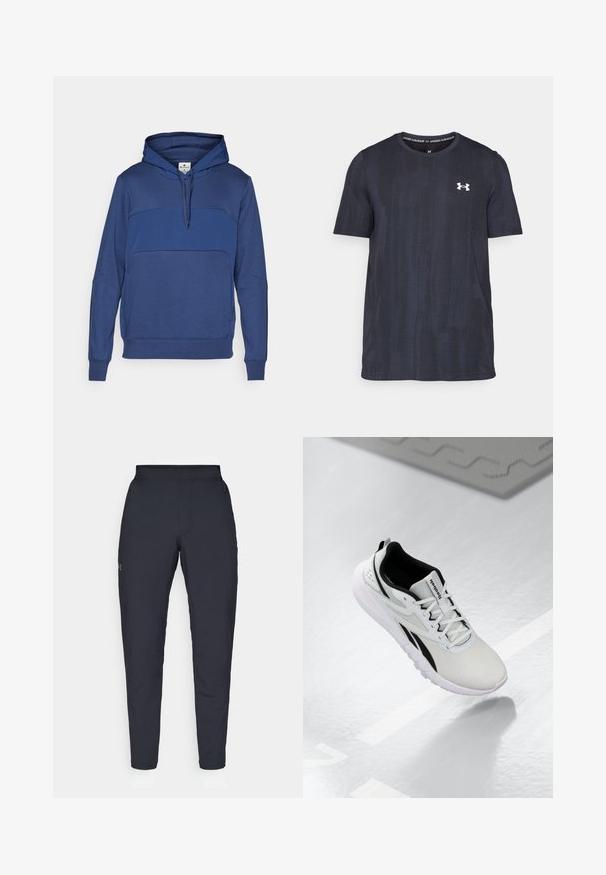 Navy plavi pulover s kapuljačom izrađen od mekanog materijala, s kontrastnom plavom vrstom preko grudi, kapuljačom sa vezicama i rebrastim manžetama.; Tamno mornarska kratka majica od prozračnog materijala s teksturiranim uzorkom i bijelim Under Armour logotipom na prsima.; Crne sportske hlače s glatkom teksturom, uskih krojeva, elastičnim pojasom i bočnim džepovima. Imaju mali logo na lijevom bedru.; Svijetlosivi atletski tenisice s crnim akcentima, teksturirani mrežasti gornji dio, ekstra udobna potplate i vezanje na vezice. Ima oznaku za povlačenje na peti.