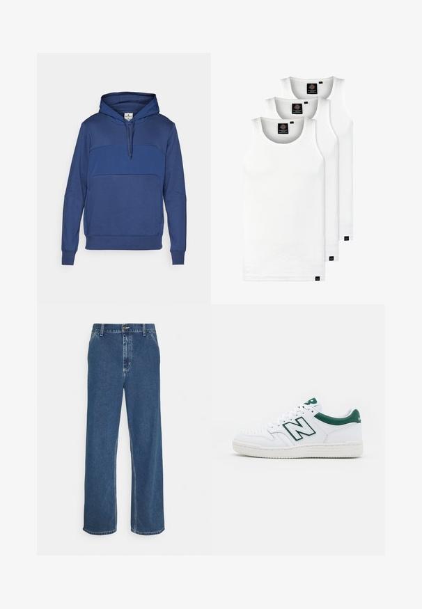 Námorně modrá mikina s kapucí vyrobená z měkké látky, s kontrastním modrým panelem přes hruď, stažením na kapuci a žebrovanými manžetami.; Tři bílé žebrované tílka vyrobené z bavlny. Mají kulatý výstřih a malé černé štítky poblíž lemu. Dostupné v několika velikostech.; Modré džíny z denimu se rovným střihem, pětipocket designem, kovovým zapínáním a viditelným šitím podél švů a lemu.; Bílé tenisky s přízí v zelené barvě, kožený svršek, perforovaný špička, šněrování a texturovaná gumová podrážka. Vyznačují se výrazným logem "N".