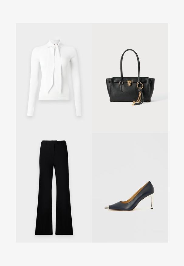 White ribbed long-sleeve top with a high neckline and front tie detail. Features a keyhole cutout at the neck and a soft texture.; Black flared pants featuring a smooth texture, tailored waistband, and front pockets, designed with a sleek, modern silhouette.; Navy leather high heel shoe with a pointed toe, featuring a silver metallic cap and a shiny silver stiletto heel.; Black leather handbag with double handles, gold lock and chain detail, and black-and-white tassel accessory against white background.