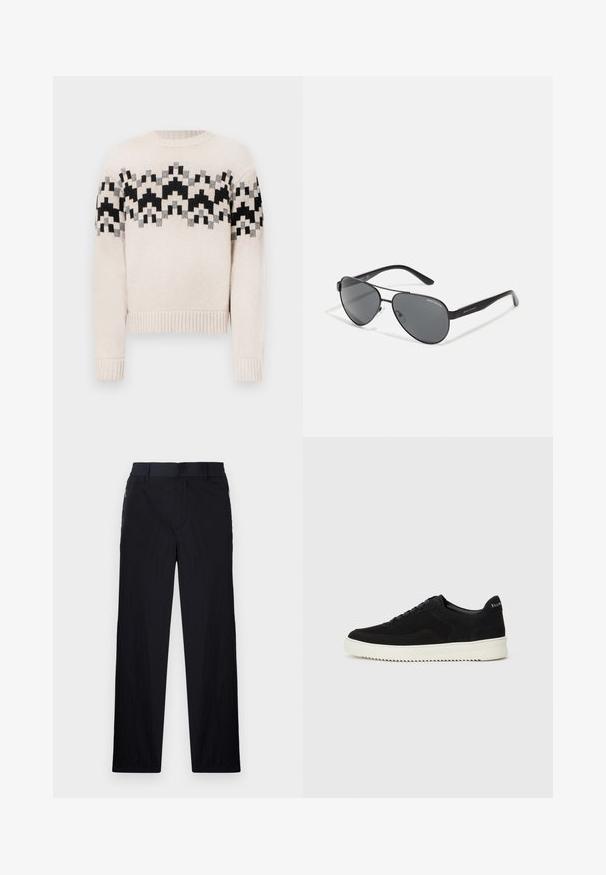 Beige gestrickter Pullover mit schwarz-grauem und beigem geometrischem Muster über der Brust und an den Ärmeln, mit gerippten Bündchen und Saum.; Schwarze Hose aus leichtem, strukturiertem Stoff, mit geradem Bein, elastischem Bund und seitlichen Reißverschlusstaschen.; Schwarze Wildleder-Sneaker mit Schnürdesign und kontrastierender weißer Gummisohle. Verfügt über strukturierte Seitenpaneele und dezentes Branding an der Ferse.; Schwarze Flieger-Sonnenbrille mit dunklen Linsen, dünnem Metallrahmen und schlanken Kunststoffbügeln mit Logo-Details.