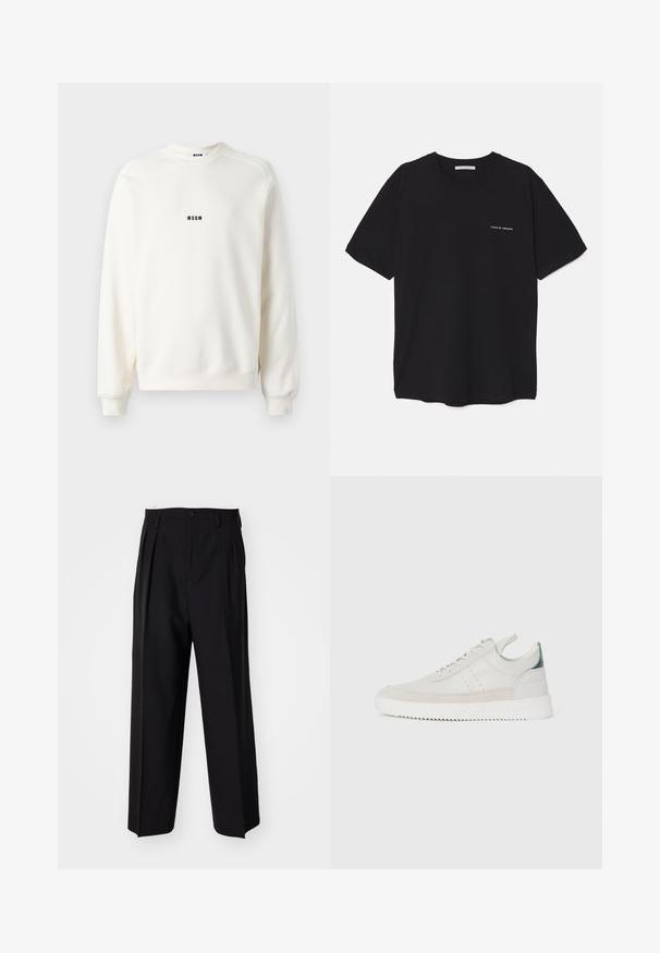 Hanorac de culoare crem, cu guler rotund, manșete și margini ribbate. Prezintă un mic logo „MSGM” de culoare neagră pe piept. Textură netedă.; Tricou din bumbac negru, cu guler rotund, mâneci scurte și un imprimeu alb cu logo pe partea stângă a pieptului. Design simplu, de culoare uniformă.; Pantaloni negri plisat cu un design drept și pantaloni largi. Construiți dintr-un material neted, prevăzuți cu închidere cu nasture și bucle pentru curea.; Adidași din piele albă cu accente din sueded gri, design cu șireturi, tab de prindere și talpă din cauciuc texturat cu un model în zigzag.