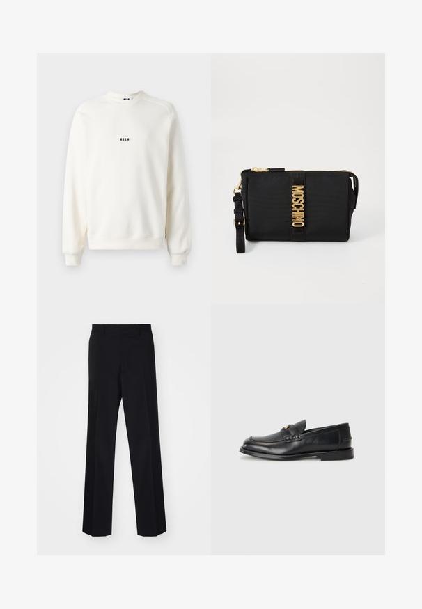 Krém színű pulóver kerek nyakkal, bordázott ujjak és szegély. Az mellkason egy kis fekete "MSGM" logó található. Sima textúra.; Fekete, széles szárú, szabott nadrág sima textúrával és éles redőkkel, szőtt anyagból készült.; A fekete bőrcipők lekerekített orral, varrott részletezéssel és egy apró arany díszítéssel rendelkeznek az elején. A talp lapos és diszkrét.; Fekete nylon női táska arany hardverrel, középső logós csíkkal. Tartalmaz levehető pántot és cipzáras záródást a biztonságos használat érdekében.