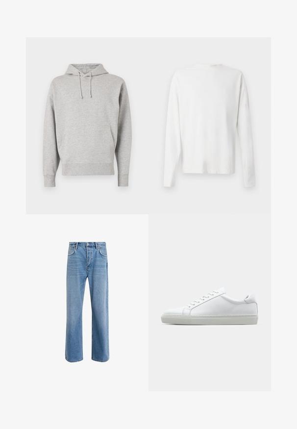 Sweatshirt cinza com capuz feito de tecido suave, apresenta um bolso canguru, fecho com cordão e punhos e bainha canelados. Design simples.; Camisa de algodão branca de mangas longas com decote redondo, fendas laterais na parte inferior e uma textura suave, mostrada de trás.; Calças de ganga azul claro com um design de perna reta, cinco bolsos, fecho de botão, desgaste mínimo e detalhes de costura em contraste.; Sapatilha branca com um cabedal em couro liso e de perfil baixo. Apresenta um bico redondo, seis ilhoses e uma sola de borracha texturizada.