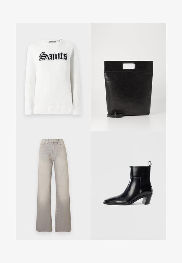 White sweater in plush fabric featuring a black "Saints" graphic on the front. Round neck, long sleeves, and ribbed hem detailing.; Gray wide-leg jeans with a faded finish, button closure, five-pocket design, and stitched detailing along the seams.; Black leather ankle boot with a pointed toe, a geometric stacked heel, and a pull tab at the back. Smooth texture and sleek design.; Black leather tote bag with a square handle, featuring a textured finish and embossed logo. Includes a detachable strap.