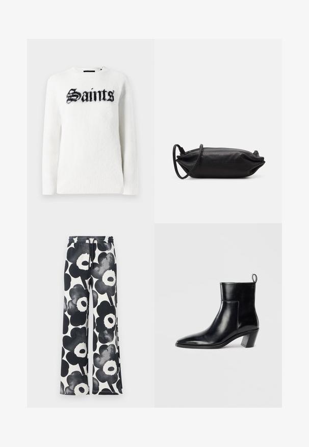 Witte trui van pluche stof met een zwarte "Saints" graphic op de voorkant. Ronde hals, lange mouwen en gebreide zoomdetails.; Wijdvallende broek in een zwart-wit bloemenpatroon, met een koord taille en een gladde textuur, voorzien van grote gestileerde bloemenontwerpen.; Zwarte leren enkelboot met een spitse neus, een geometrische gestapelde hak en een trekband aan de achterkant. Gladde textuur en slank ontwerp.; Zwarte leren clutch met een rechthoekige vorm, gladde textuur, dunne schouderband en minimalistisch ontwerp.
