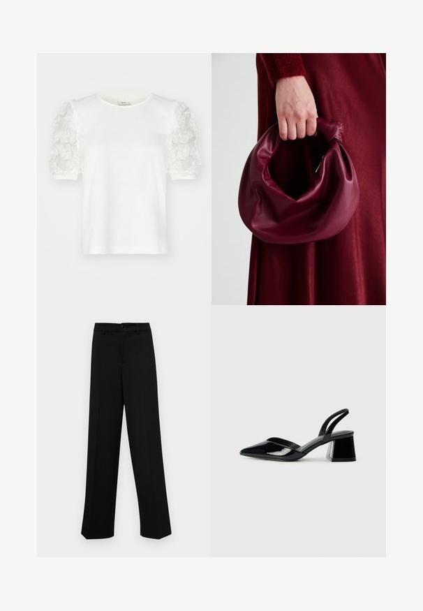 Valge lühikeste varrukatega t-särk, millel on lilleline aplikaadikaunistus varrukatel, ümar kaelus ja pehme puuvillane kangas.; Musta laiad püksid siledast kangast, millel on klassikaline vöökoht, nööbiga sulgemine ja ees voldid.; Mustad musta lakknahk kingad, millel on terav varvas ja geomeetriline plokkkonts. Omab elegantselt minimalistlikku disaini ja sujuvat tekstuuri.; Burgundia värvi nahk käekott, millel on pehme, kokku tõmmatav disain ja ümar kuju. Käepide on kindlalt kinnitatud, näidates siledaid pindu.