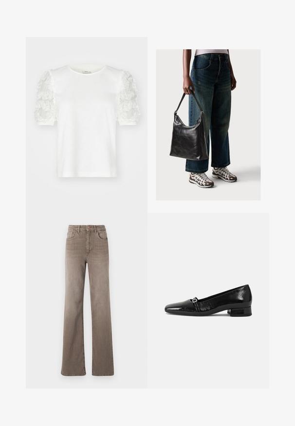 Hvid kortærmet t-shirt med blomster-applikation detaljer på ærmerne, rund halsudskæring og blødt bomuldsstof.; Brune højtaljede straight-leg jeans med frontknap, bælteløkker og klassisk fem-lomme design på en hvid baggrund.; Sorte patentlæder balletflade med spids tå, lav firkantet hæl og en lille metallisk spænde detalje på remmen. Glat tekstur.; Sort læder skuldertaske med en glat tekstur og justerbar skulderrem, parret med faded brede bukser og atletiske sneakers.