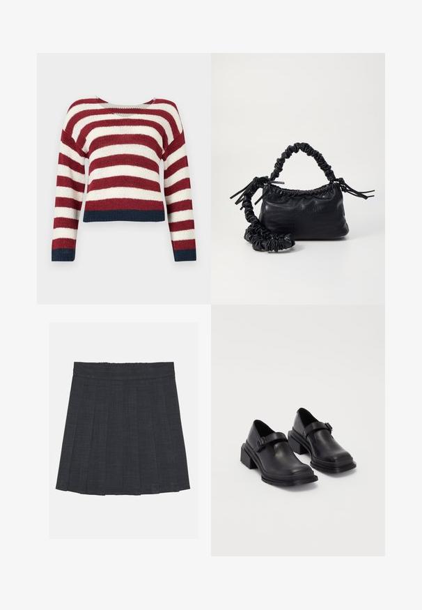 Sweter na szydełku w poziome czerwone i białe paski, o kroju cropped, z granatowym wykończeniem na dole i rękawach.; Ciemnoszara spódnica plisowana z elastycznym pasem, wykonana z fakturowanej tkaniny, o klasycznym kroju A. Idealna do codziennych stylizacji.; Czarna skórzana obuwie z zaokrąglonym czubkiem, płaską podeszwą i paskiem z klamrą. Grubszy blokowy obcas dla dodatkowej stabilności.; Czarna torebka z syntetycznej skóry o teksturze krokodyla, z zaciąganym górnym zamknięciem i marszczonym paskiem. Wygląda na miękką i zwartą w designie.