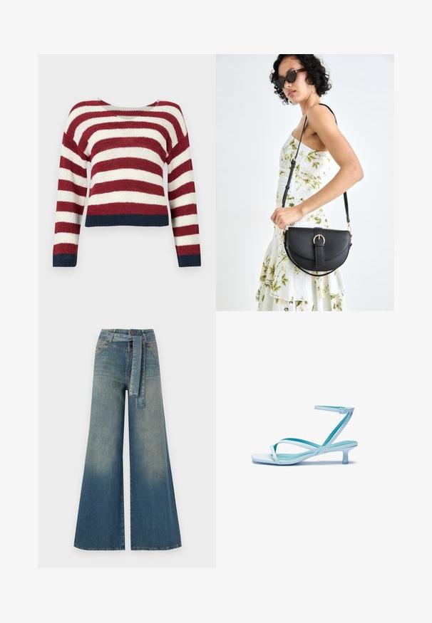 Pull en crochet avec des rayures horizontales rouges et blanches, arborant un design court et un ourlet bleu marine en bas et aux manches.; Pantalons en denim à jambe large présentant un dégradé de bleu clair à bleu foncé, taille haute, passants de ceinture et une ceinture en tissu assortie. Finition en denim texturé.; Sandale bleu clair à lanières avec un bout carré, un petit talon, une bride ajustable à la cheville et une finition lisse et brillante. Lanières croisées sur la semelle.; Sac à main en cuir noir avec une forme courbée, bandoulière amovible et des accessoires en or. Le sac est doté d'un rabat avec un détail de boucle.
