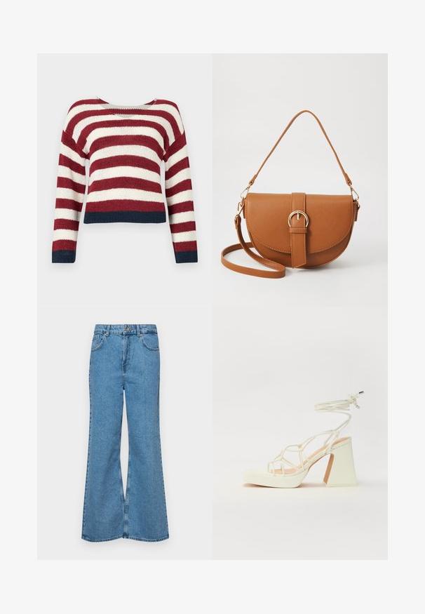 Háčkovaný sveter s horizontálnymi červenými a bielymi pruhmi, s vyšším strihom a námorníckym modrým obšitím na spodnej časti a rukávoch.; Svetlomodré rozšírené džínsy vyrobené z denimu, s vysokým pásom, piatimi vreckami a jednopoložkovým zapínaním na gombík. Mäkká textúra s vyblednutým povrchom.; Biele sandále na vysokom opätku s hrubým podpätkom, s pruhovaným dizajnom a viazaním na členku. Hladký povrch s platformou vpredu pre zvýšenú výšku.; Hnedá kožená kabelka cez telo s zakriveným tvarom, zlatými kovovými doplnkami a akcentom s prackou. Obsahuje odnímateľný ramenný popruh.