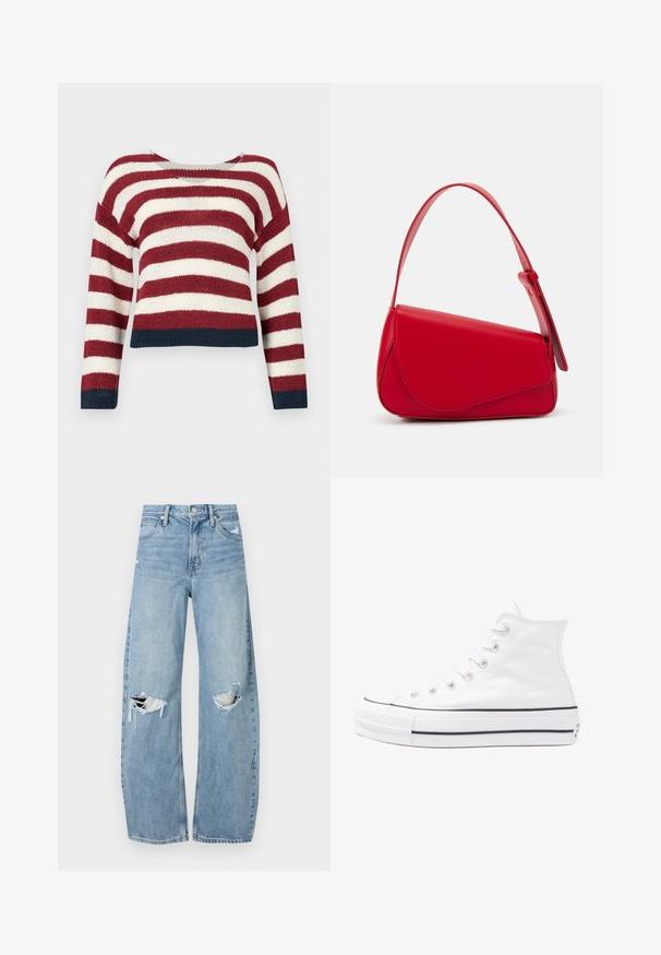 Maglione all'uncinetto con strisce orizzontali rosse e bianche, caratterizzato da un design cropped e rifiniture blu navy lungo il fondo e le maniche.; Jeans azzurri chiari a vita alta realizzati in denim. Presentano gambe larghe, due aree strappate sulle ginocchia e il classico styling a cinque tasche.; Sneaker alta in tela bianca con suola in gomma nera, punta in gomma frontale e sei asole per i lacci, caratterizzata da un design pulito e minimalista.; Borsa a tracolla in pelle rossa con un design angolare e geometrico. Presenta una singola tracolla regolabile e una chiusura a patta con dettagli cuciti.